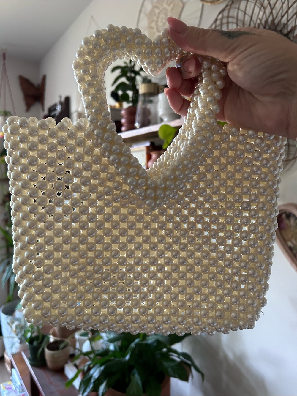 a new day Pearl Beaded Mini Bag - Cream Pearl Heart Handle